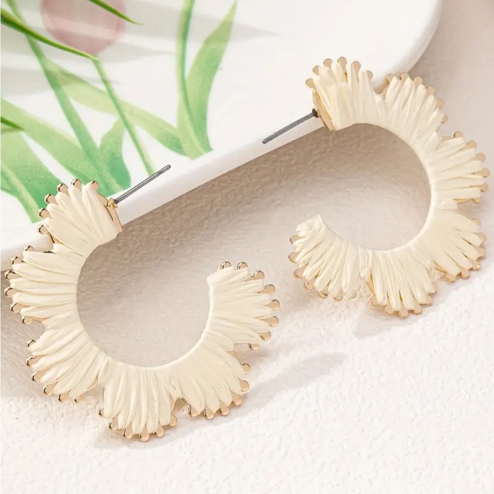 Creamy White Boho-Chic Handcrafted Raffia Hoop Earrings